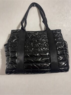 Glossy Black Quilted Tote Bag with Sturdy Webbing Handles